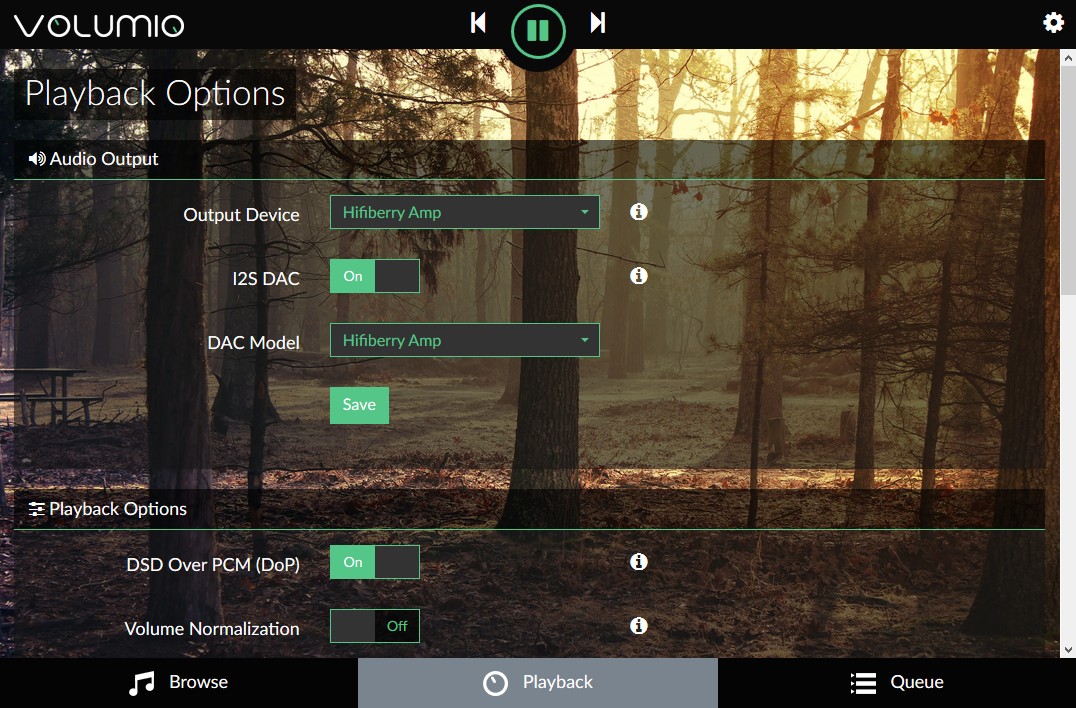 Playback options settings page of Volumio, configured to use the HifiBerry AMP+ as output device.